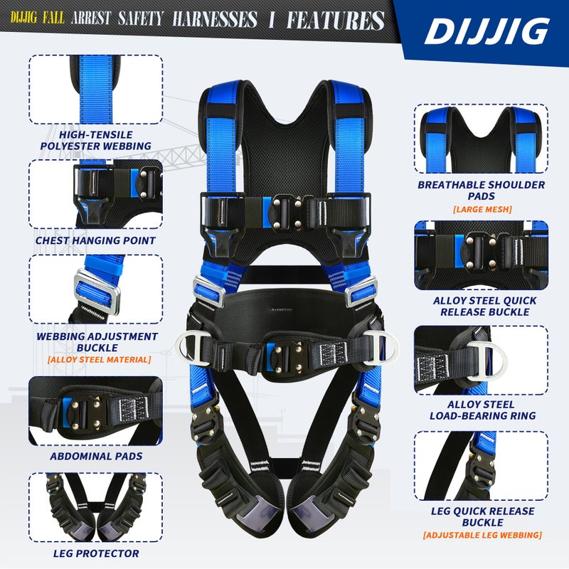 DIJJIG safety harness fall protection harness roofing harness construction harness construction harness fall protection safety harness lanyard arnes de seguridad para construccion ANSI/ASSP Compliant - Image 2